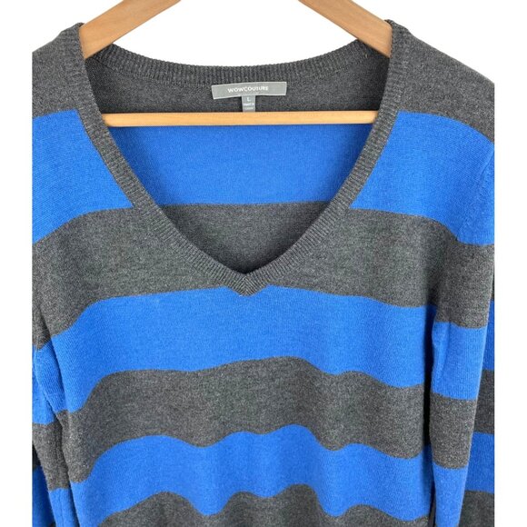 Wow Couture Womens Size Large Blue & Gray Striped V Neck Long Sleeve Sweater - Picture 3 of 7
